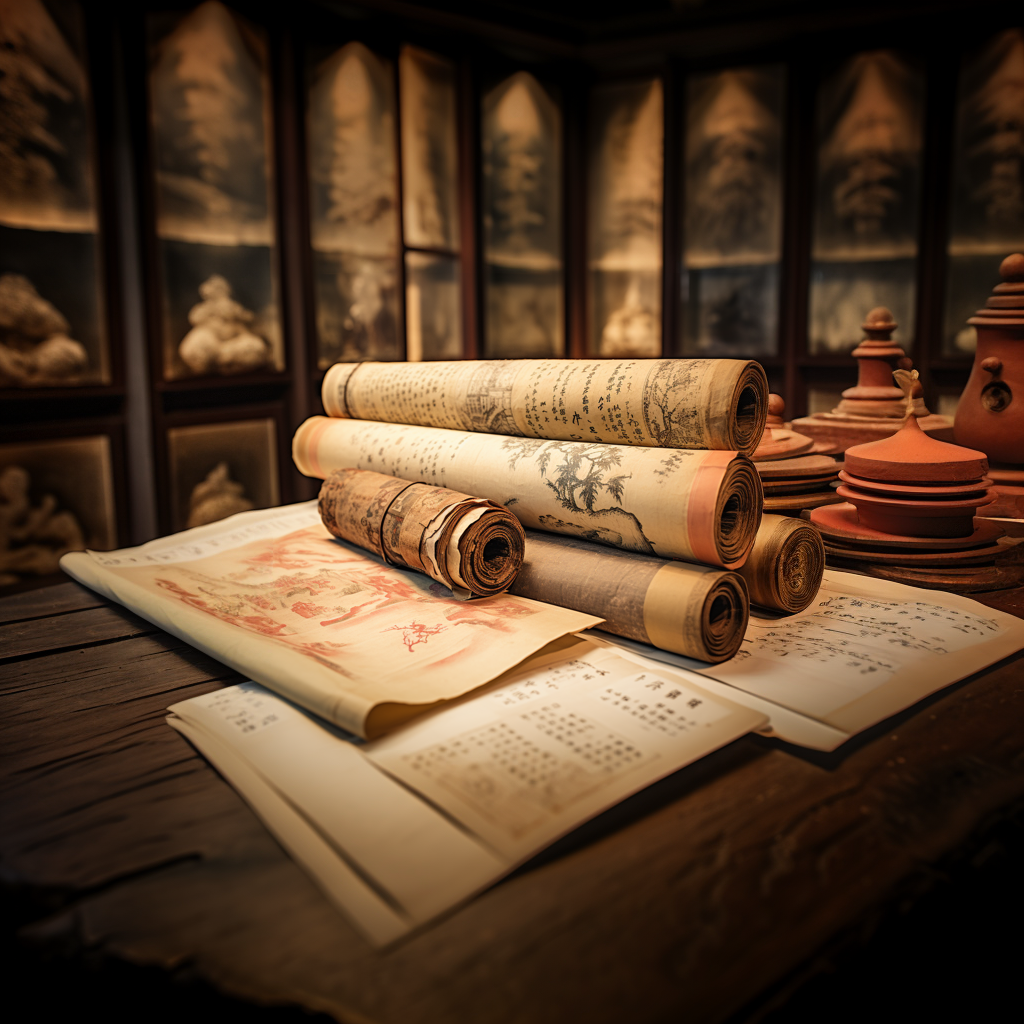 Rolled scrolls and an open book of the I Ching on a wooden table