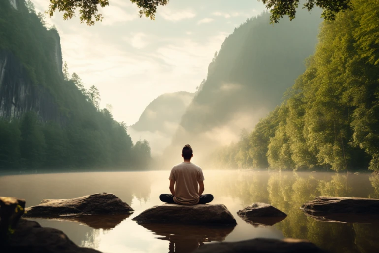 Person meditating in a serene natural setting