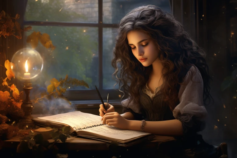 Attractive lady writing a journal