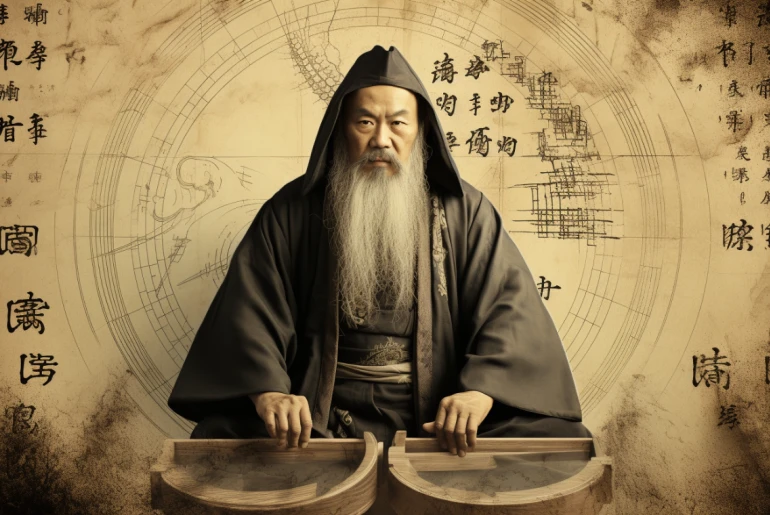 Historical figure seeking guidance from the I Ching