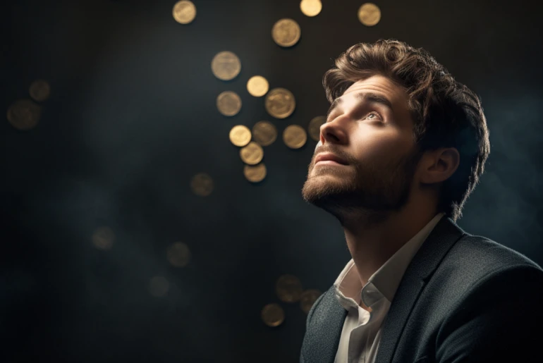 A person contemplating their career options while holding a coin