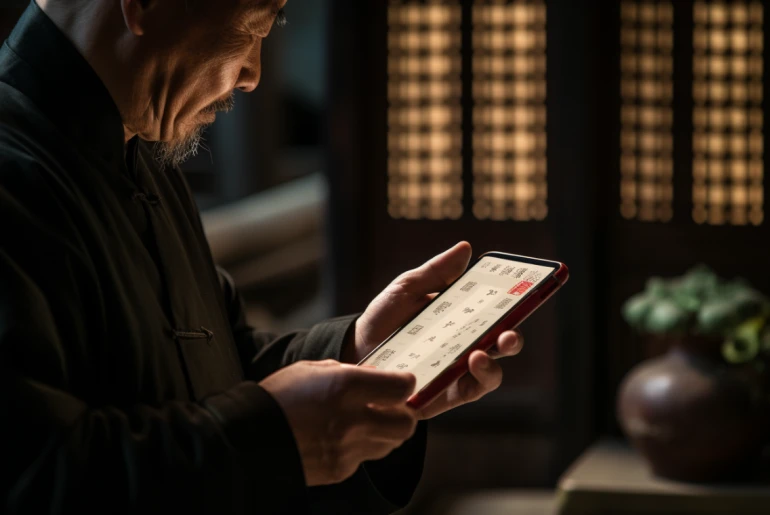 Man reading the I Ching book while using a smartphone