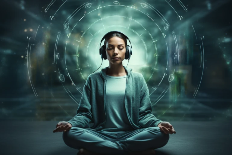 Person meditating with modern technology in the background